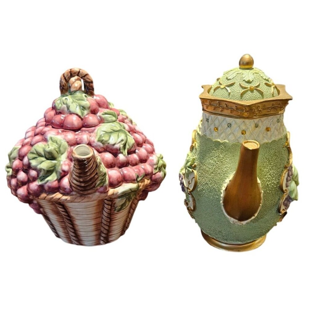 Tea Pot Kitchen Creations Ceramic‎ Grapes Basket & Green Teapot Candle Holder
